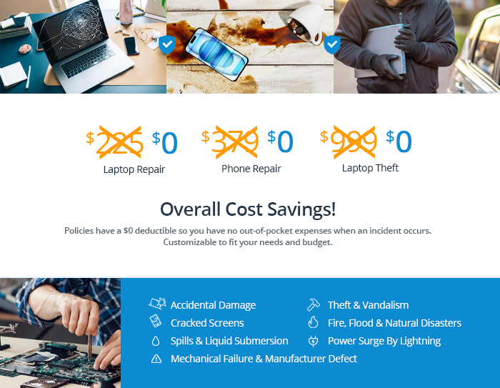 Overall Cost Savings. Accidents, Cracked Screens, Liquid Damage, Theft, Vandalism, Power Surge by Lightning, Fire, Flood, Natural Disasters Covered. 